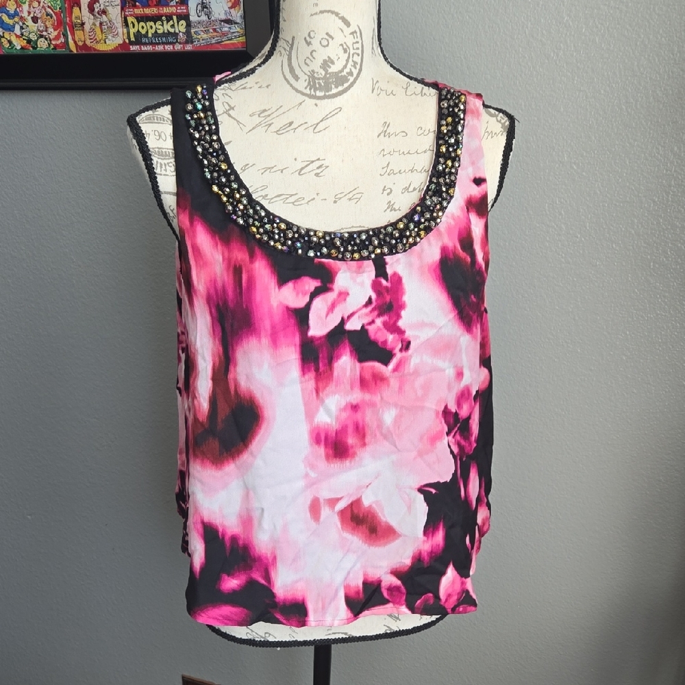 Jennifer Lopez Pink and Black Embellished Sleeveless Tank Top